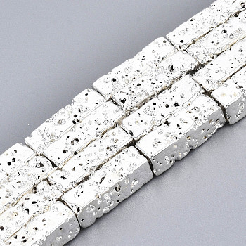 Electroplated Natural Lava Rock Beads Strands, Cuboid, Bumpy, Silver Plated, 12.5x4x4mm, Hole: 1mm, about 32pcs/strand, 15.75 inch(40cm)