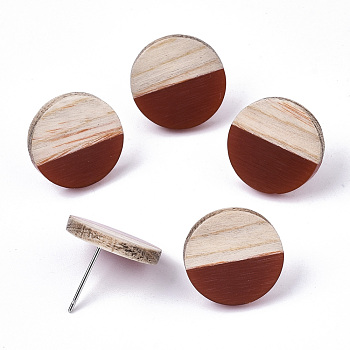 Resin & Wood Stud Earrings, with 304 Stainless Steel Pin, Flat Round, Coconut Brown, 15mm, Pin: 0.7mm