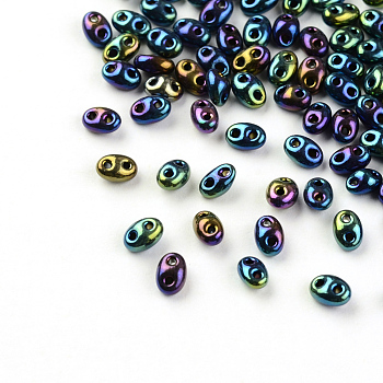 2-Hole Seed Beads, Czech Glass Beads, Plated Style, Blue Plated, 5x3.5x3mm, Hole: 0.5mm, about 5850pcs/bag, 450g/bag