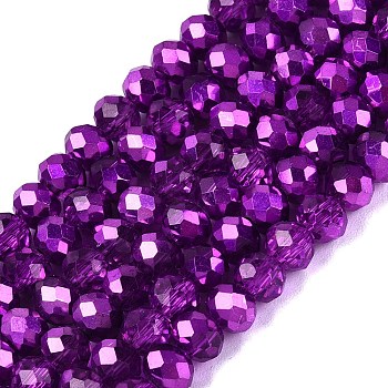 Transparent Electroplate Glass Beads Strands, Rondelle, Silver Plated, Half Plated, Dyed & Heated, Faceted, Dark Violet, 4~4.5x3.5~4mm, Hole: 0.8~0.9mm, about 111~115pcs/strand, 15.75~16.34 inch(40~41.5cm)