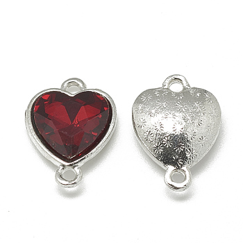 Alloy Glass Links connectors, Faceted, Heart, Platinum, Red, 19.5x14x6.5mm, Hole: 1.5mm