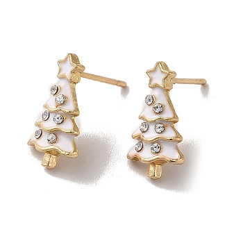 Enamel Christmas Tree Alloy Glass Rhinestone Stud Earrings for Women, with 304 Stainless Steel Pin, Cadmium Free & Nickel Free & Lead Free, Light Gold, 15.5x8.5mm, Pin: 0.8mm