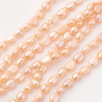 Natural Cultured Freshwater Pearl Beads Strands, Nugget, Light Salmon, 6~9x6~7mm, Hole: 0.5mm, about 47pcs/strand, 14.1~14.3 inch(36~36.5cm)