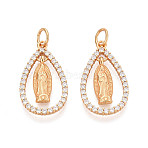 925 Sterling Silver Micro Pave Clear Cubic Zirconia Religion Pendants, Teardrop with Virgin Mary Charms, with Jump Ring and 925 Stamp, Real 24K Gold Plated, 23.5x14x2mm, Hole: 4mm(STER-N016-107G)