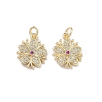 Brass Micro Pave Cubic Zirconia Pendants, Flower Charms, Rack Plating, Long-Lasting Plated, Cadmium Free & Lead Free, Flower, 16x13x2.5mm, Hole: 3mm(KK-D235-02G-01)