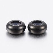 202 Stainless Steel Beads, with Plastic, Slider Beads, Stopper Beads, Rondelle, Electrophoresis Black, 9x4.5mm, Hole: 3mm(STAS-F148-9mm-07B)