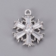 Brass Cubic Zirconia Pendants, Long-Lasting Plated, Christmas Snowflake, Clear, Platinum, 17x13x4mm, Hole: 1.2mm(KK-F809-06P)