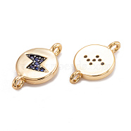 Brass Micro Pave Cubic Zirconia Beads Links Connectors, Long-Lasting Plated, Flat Round with Lightning, Medium Blue, Real 18K Gold Plated, 13x8x3mm, Hole: 1.4mm(ZIRC-M114-33G)