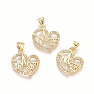 Brass Micro Pave Clear Cubic Zirconia Pendants, Heart with Word MOM, For Mother's Day, Golden, 19x17x2.5mm, Hole: 3.5x4.5mm(X-ZIRC-G152-24G)