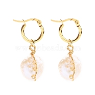 304 Stainless Steel Hoop Earrings, with Wire Wrapped Natural Cultured Freshwater Pearl Beads, Flat Round, Golden, White, 40mm, Pin: 0.7x1mm(EJEW-JE04328)