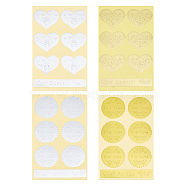 12 Sheets 4 Styles Paper Adhesive Embossed Imitation Wax Seal Stickers, Hot Stamping Stickers, Envelope Seal Decoration, for Craft Scrapbook DIY Gift, Heart & Round with Flower Pattern, Mixed Color, 150x92x0.2mm, about 7pcs/sheet, 3 sheets/style(AJEW-GF0006-65)