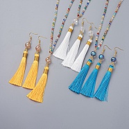 Polyester Tassel Pendant Jewelry Sets, Pendant Necklaces and Dangle Earrings, with Glass Beads and Golden Tone Brass Earring Hooks, Mixed Color, 31.5 inch(80cm), 120mm, Pin: 0.6mm(SJEW-JS01063)