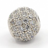 CZ Jewelry Brass Micro Pave Cubic Zirconia Round Beads, Clear, Platinum, 8mm, Hole: 1.5mm(ZIRC-M024-04P)