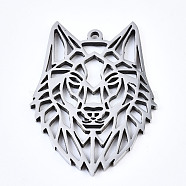 304 Stainless Steel Pendants, Laser Cut, Wolf, Stainless Steel Color, 31.5x22.5x1.5mm, Hole: 1mm(X-STAS-T059-24P)