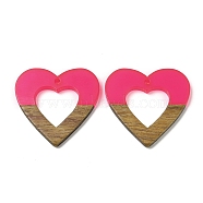 Resin and Walnut Pendants, Heart, Hot Pink, 34x36x3mm, Hole: 1.8mm(WOOD-I013-10B)