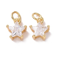 Brass Micro Pave Clear Cubic Zirconia Charms, with Jump Ring, Cadmium Free & Lead Free, Star, Golden, 10.5x8.5x5.5mm, Hole: 3.2mm(KK-G420-08G)
