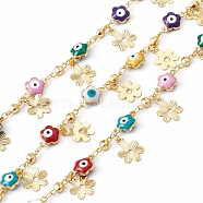 Handmade Eco-friendly Brass Enamel Flower with Evil Eye Link Chain, with Flower Charms, Real 18K Gold Plated, Lead Free & Cadmium Free, Soldered, with Spool, Colorful, 12x8x4mm, 8x3.5x3.5mm(CHC-E025-20G)