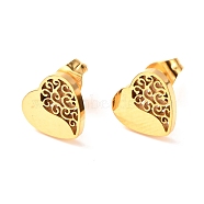 Ion Plating(IP) 304 Stainless Steel Stud Earrings, Heart, Golden, 10x9mm, Pin: 0.8mm(EJEW-C001-15G)