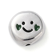 Alloy Enamel Beads, Flat Round with Smiling Face Pattern Beads, Platinum, Dark Green, 12x12x4mm, Hole: 1.5mm(FIND-G072-02P-02)