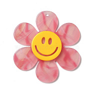Two Tone Acrylic Big Pendants, Flower with Smiling Face, Light Coral, 55x50x4.5mm, Hole: 1.8mm(OACR-B008-D03)
