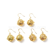 Natural Lava Rock Essential Oil Diffuser Dangle Earrings, Golden Plated Brass Round with Tree Cage Drop Earrings for Women, Mixed Color, 32.5mm, Pin: 0.8mm(EJEW-JE05020)