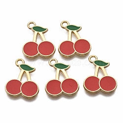 Alloy Enamel Pendants, Light Gold, Cadmium Free & Nickel Free & Lead Free, Cherry, Red, 20x16x1.5mm, Hole: 2mm(X1-ENAM-T011-105-NR)