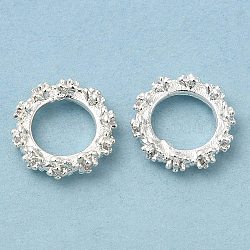 Rack Plating Brass Micro Pave Cubic Zirconia Beads, Long-Lasting Plated, Lead Free & Cadmium Free, Flat Round with Flower, Silver Color Plated, 10x3mm, Hole: 6.2mm(KK-A186-01A-S)