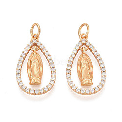 925 Sterling Silver Micro Pave Clear Cubic Zirconia Religion Pendants, Teardrop with Virgin Mary Charms, with Jump Ring and 925 Stamp, Real 24K Gold Plated, 23.5x14x2mm, Hole: 4mm(STER-N016-107G)
