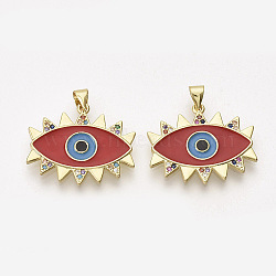 Brass Micro Pave Cubic Zirconia Pendants, with Enamel, Evil Eye, Red, 21x25.5x1.5mm, Hole: 3x4mm(ZIRC-T012-09G-B)