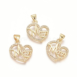 Brass Micro Pave Clear Cubic Zirconia Pendants, Heart with Word MOM, For Mother's Day, Golden, 19x17x2.5mm, Hole: 3.5x4.5mm(X-ZIRC-G152-24G)