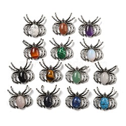 Natural & Synthetic Mixed Gemstone Pendants, Spider Charms, with Rack Plating Antique Silver Tone Brass Findings, Cadmium Free & Lead Free, 36x36x7.5mm, Hole: 3x5.5mm(G-G147-05AS)