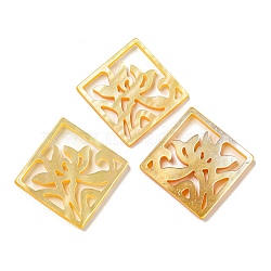 Natural Yellow Shell Pendants, Hollow Rhombus Charms, Flower, 25x25x2.2mm, Side length: 18mm, Hole: 1mm(SSHEL-N038-03B)