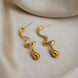 304 Stainless Steel Wavy Dangle Earrings for Women, Real 18K Gold Plated, 50mm(XZ4917-1)