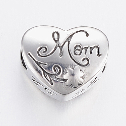 Mother's Day Theme, 304 Stainless Steel European Beads, Large Hole Beads, Heart with Flower and Word Mom, Antique Silver, 11.5x13.5x7mm, Hole: 5mm(STAS-H440-93AS)