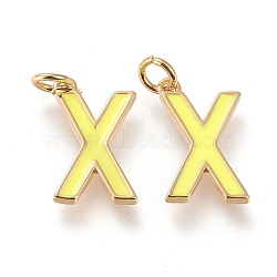 Brass Enamel Pendants, with Jump Ring, Long-Lasting Plated, Real 18K Gold Plated, Letter.X, Champagne Yellow, Letter.X, X: 17.5x10x1.8mm, Jump Rings: Inner Diameter: 3mm(KK-R139-02X)