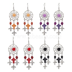 4 Pairs 4 Colors Woven Web/Net with Cross & Skull Synthetic Turquoise Dangle Earrings, Halloween Alloy & Brass Earrings for Women, Mixed Color, 88x29mm, 1 pair/color(EJEW-JE05865)