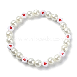 Heart & Imitated Pearl Acrylic Beaded Stretch Bracelets, White, Inner Diameter: 2-3/8 inch(61mm)(BJEW-JB10025)