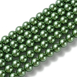 Eco-Friendly Dyed  Glass Pearl Round Bead Strands, Cotton Cord Threaded, Green, 8mm, Hole: 0.7~1.1mm, about 52pcs/strand, 15 inch(HY-A002-8mm-RB074)