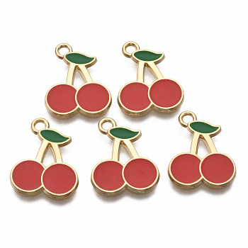 Alloy Enamel Pendants, Light Gold, Cadmium Free & Nickel Free & Lead Free, Cherry, Red, 20x16x1.5mm, Hole: 2mm