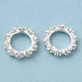 Rack Plating Brass Micro Pave Cubic Zirconia Beads, Long-Lasting Plated, Lead Free & Cadmium Free, Flat Round with Flower, Silver Color Plated, 10x3mm, Hole: 6.2mm