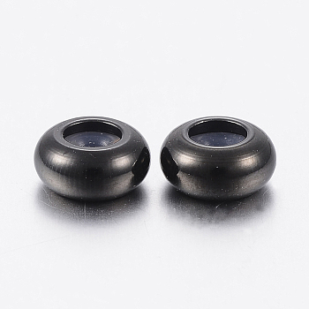 202 Stainless Steel Beads, with Plastic, Slider Beads, Stopper Beads, Rondelle, Electrophoresis Black, 9x4.5mm, Hole: 3mm