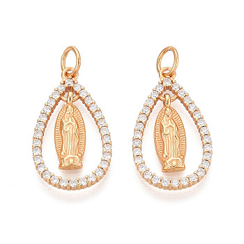 925 Sterling Silver Micro Pave Clear Cubic Zirconia Religion Pendants, Teardrop with Virgin Mary Charms, with Jump Ring and 925 Stamp, Real 24K Gold Plated, 23.5x14x2mm, Hole: 4mm