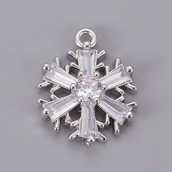 Brass Cubic Zirconia Pendants, Long-Lasting Plated, Christmas Snowflake, Clear, Platinum, 17x13x4mm, Hole: 1.2mm