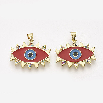 Brass Micro Pave Cubic Zirconia Pendants, with Enamel, Evil Eye, Red, 21x25.5x1.5mm, Hole: 3x4mm