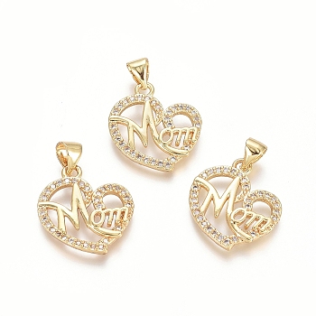 Brass Micro Pave Clear Cubic Zirconia Pendants, Heart with Word MOM, For Mother's Day, Golden, 19x17x2.5mm, Hole: 3.5x4.5mm