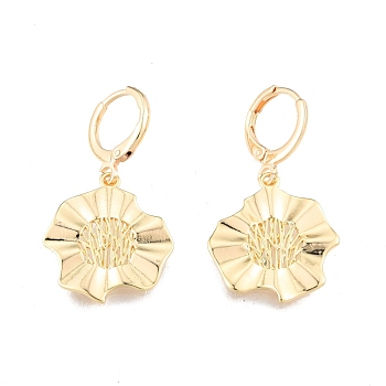 Brass Flower Dangle Leverback Earrings for Women, Cadmium Free & Nickel Free & Lead Free, Real 18K Gold Plated, 33.5mm, Pin: 1mm