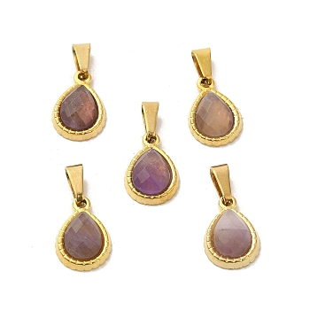 Natural Amethyst Faceted Teardrop Charms, with Golden Tone 304 Stainless Steel Snap on Bails, 14x9.5x4mm, Hole: 6x3mm