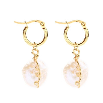 304 Stainless Steel Hoop Earrings, with Wire Wrapped Natural Cultured Freshwater Pearl Beads, Flat Round, Golden, White, 40mm, Pin: 0.7x1mm