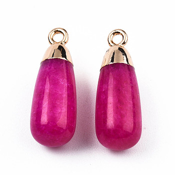 Natural Agate Pendants, with Light Gold Plated Iron Findings, Teardrop Charm, Dyed & Heated, Medium Violet Red, 23x8mm, Hole: 1.8mm