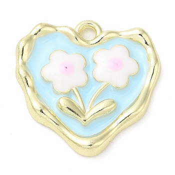 Alloy Enamel Pendants, Golden, Heart with Flower Charm, Pale Turquoise, 18x18x3mm, Hole: 1.6mm